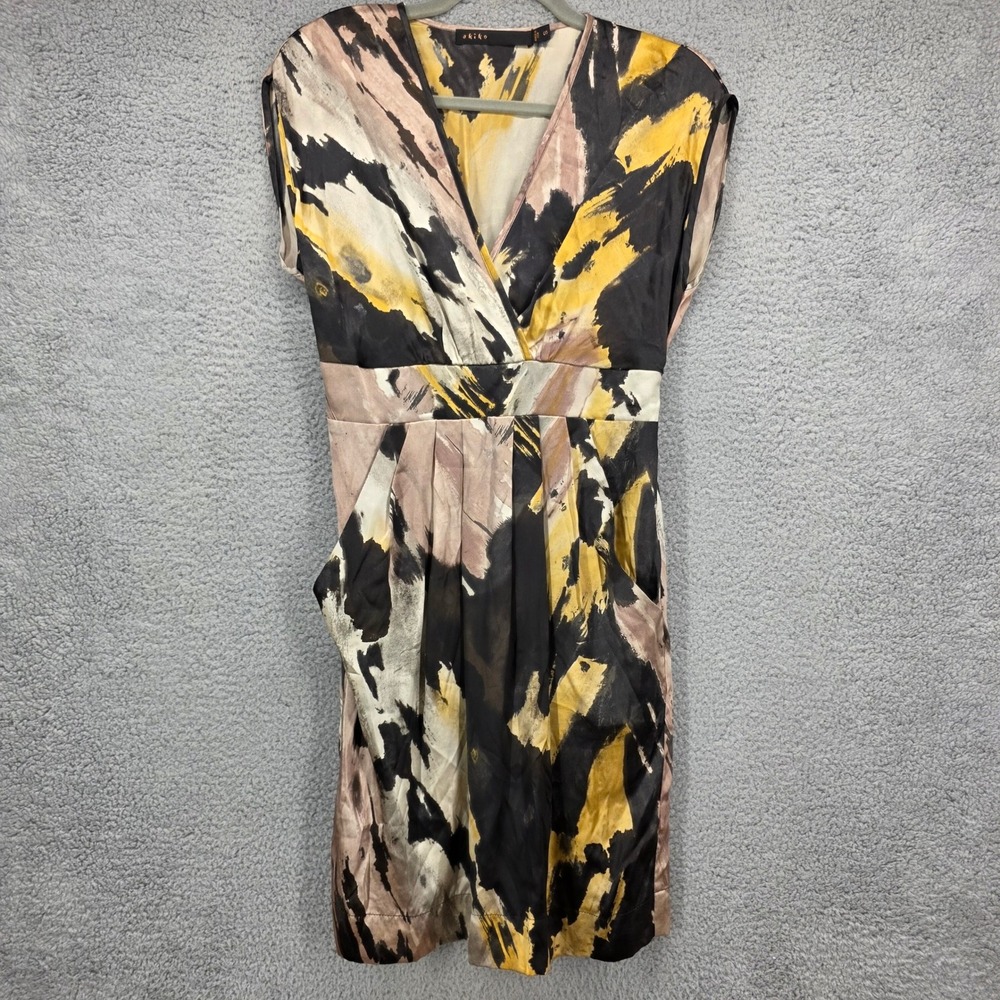 Akiko Silk Abstract Brushstroke V-Neck Mini Dress Pockets Yellow Black Small